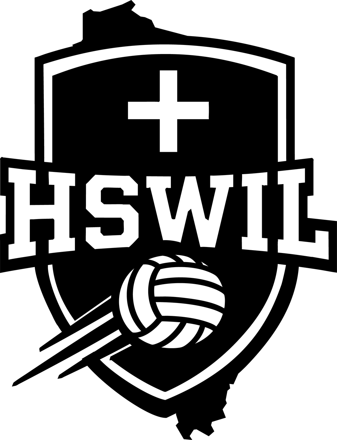 Concept A — Shield with state outlines, cross, and motion volleyball